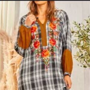 Savanna Jane Women’s Plaid Embroidered Floral Boho Long Corduroy Sleeve Dress L